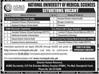 Jobs in National University of Medical Sciences (Nums) – National University of Medical Science NUMS Jobs 2022 — original advertisement