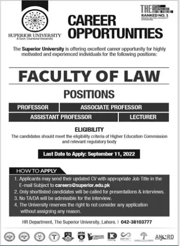 Superior University Lahore Jobs 2022 Jobs 2022 — original advertisement