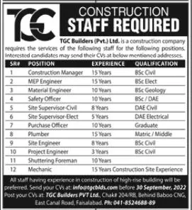 Jobs in TGC Builders ( Pvt) Ltd Company – Private Company Jobs 2022 — original advertisement