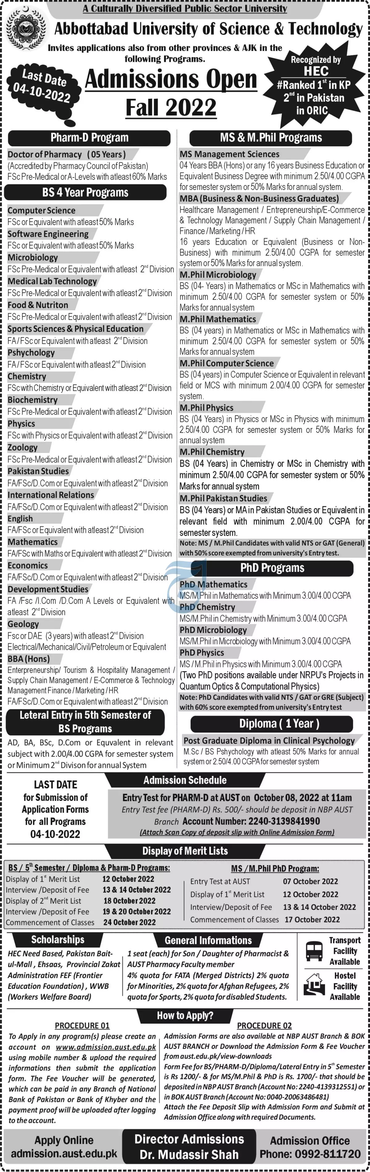 admission in Abbottabad University of Science And Technology Admissions 2022 — original advertisement