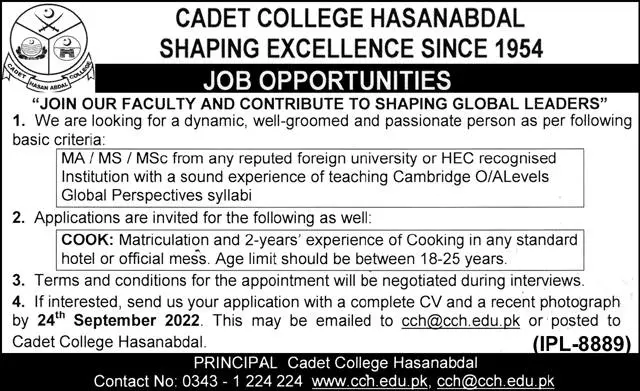 Jobs in Cadet College Hasanabdal – Cadet College Hasan Abdal Jobs 2022 — original advertisement