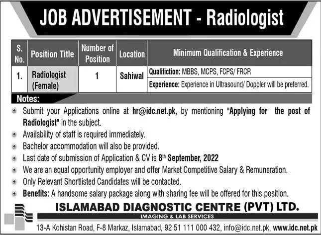 Islamabad Diagnostic Centre ( Pvt) Ltd Jobs 2022 Jobs 2022 — original advertisement