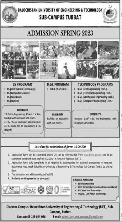 Admission in Balochistan University of Engineering Turbat – Balochistan University of Engineering and Technology BUETK Khuzdar Admissions 2022 — original advertisement