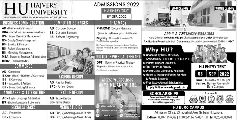 Admission in Hajvery University Lahore Admissions 2022 — original advertisement