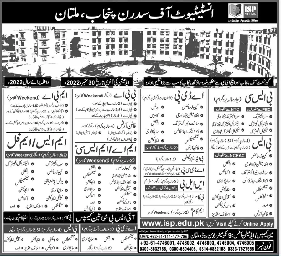 Admission in ISP Institute of Southern Punjab Multan Admissions 2022 — original advertisement