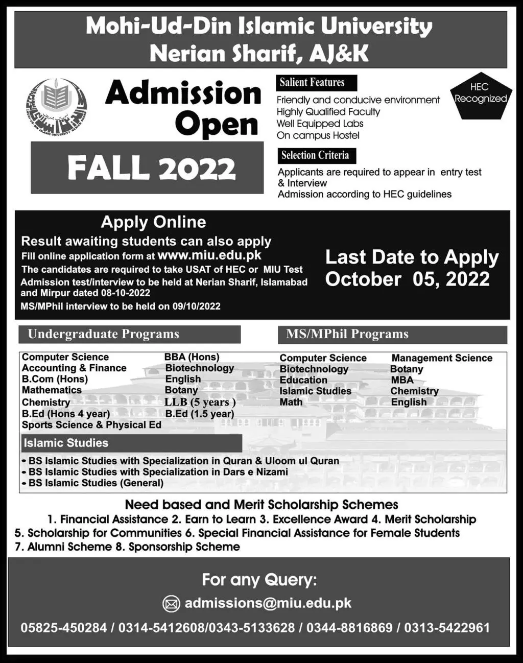 Admission in Mohi-ud-Din Islamic University Ajk – Mohi-ud-Din Islamic University Nerian Sharif AJK Admissions 2022 — original advertisement