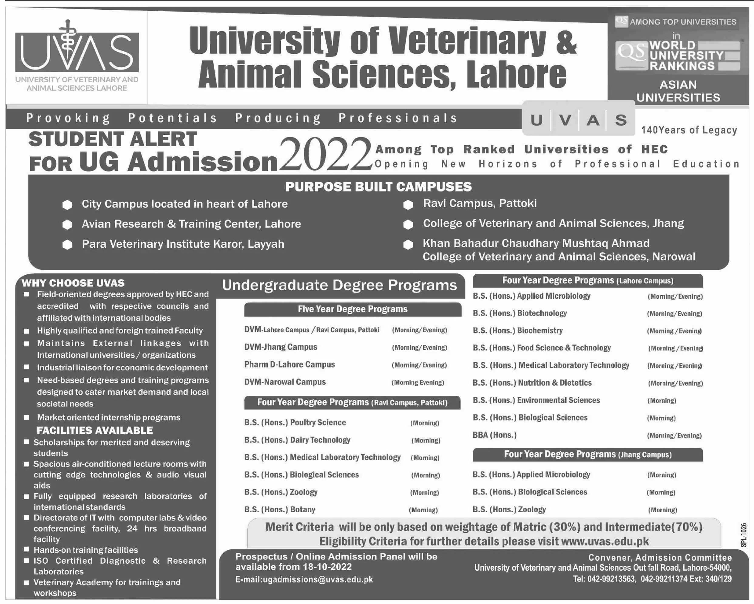 Admission in University of Veterinary & Animal Sciences – University of Veterinary and Animal Sciences Lahore Admissions 2022 — original advertisement
