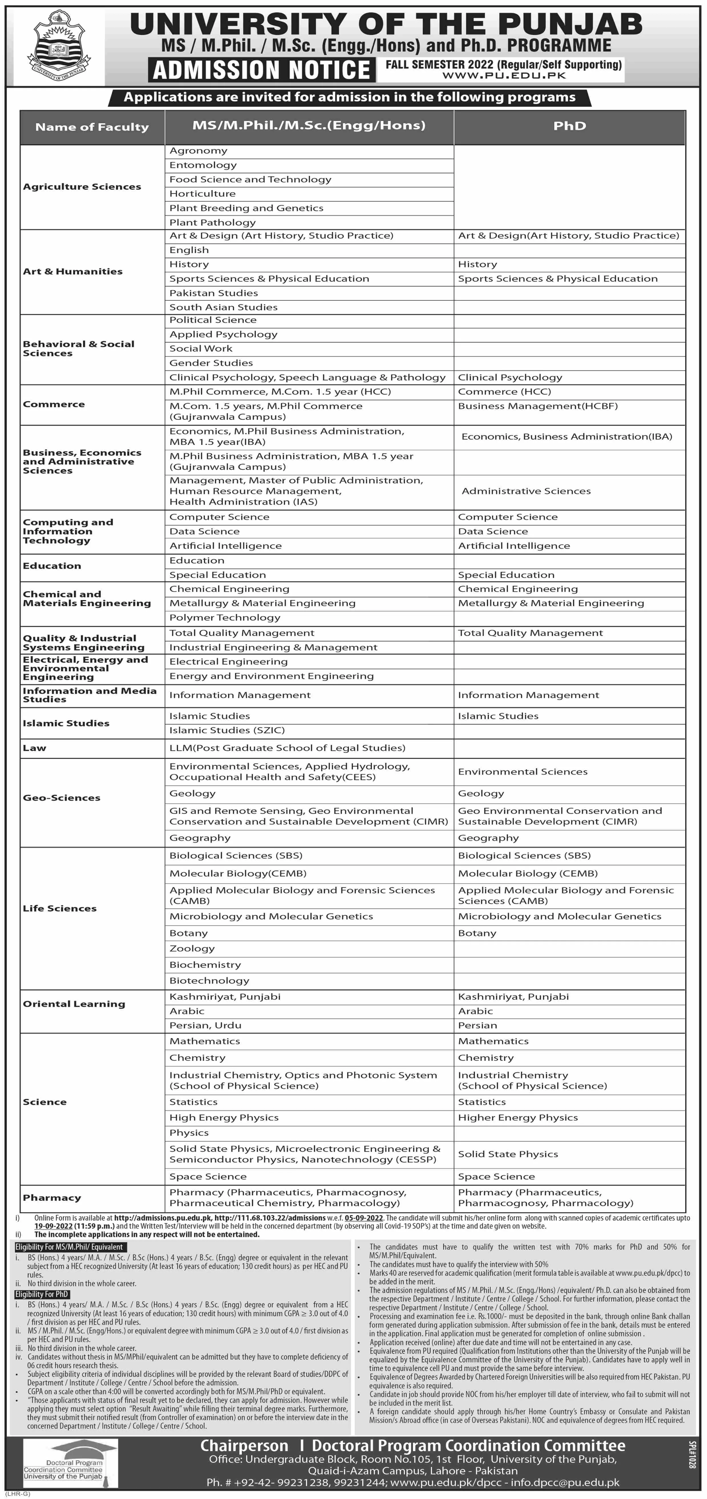 Admission in University of the Punjab – University of Punjab Admissions 2022 — original advertisement