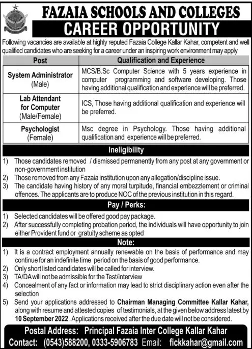 Fazaia Schools & Colleges Kallar Kahar Jobs 2022 Jobs 2022 — original advertisement