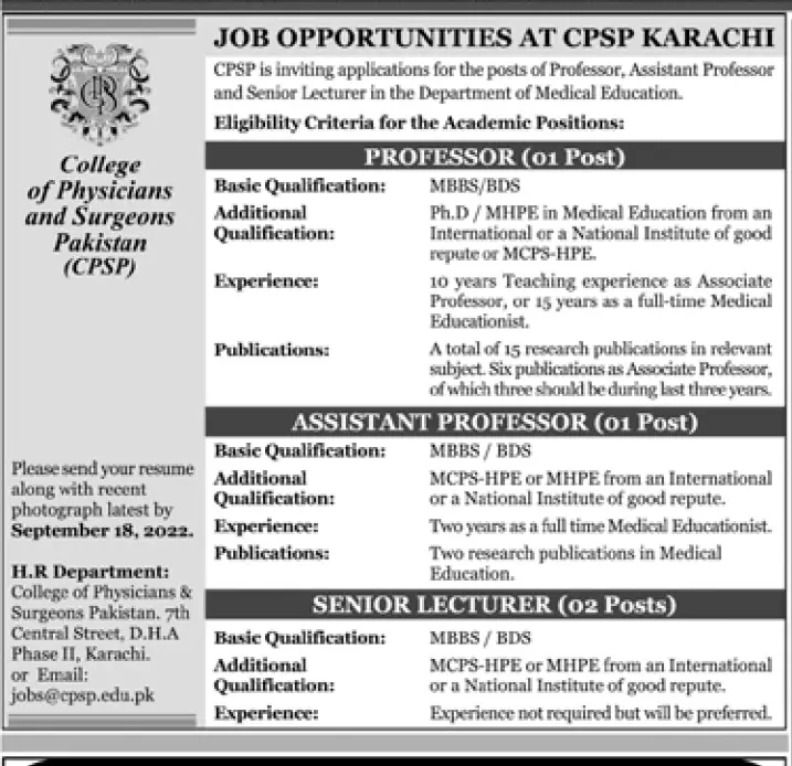 College of Physicians and Surgeons Pakistan CPSP Jobs Jobs 2022 — original advertisement