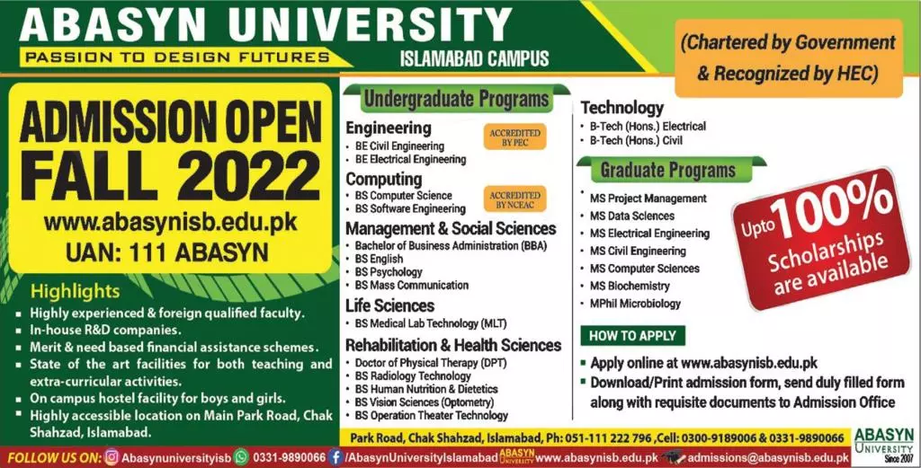 Admission in ABASYN University Islamabad Campus – Abasyn University Peshawar Admissions 2022 — original advertisement