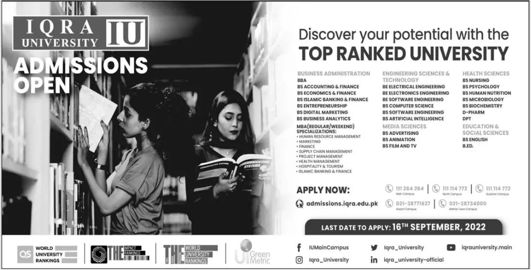 Admissons in Iqra University Islamabad Campus Jobs 2022 — original advertisement