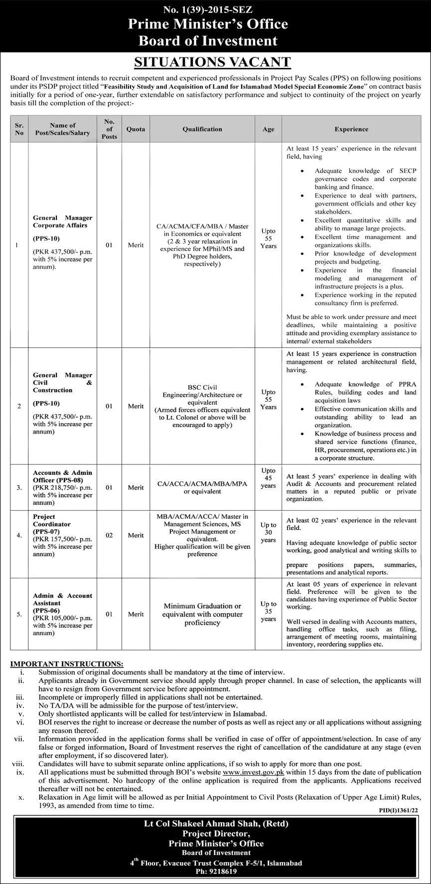 Prime Minister Office Board of Investment Jobs 2022 – Board of Investment Pakistan Jobs 2022 — original advertisement