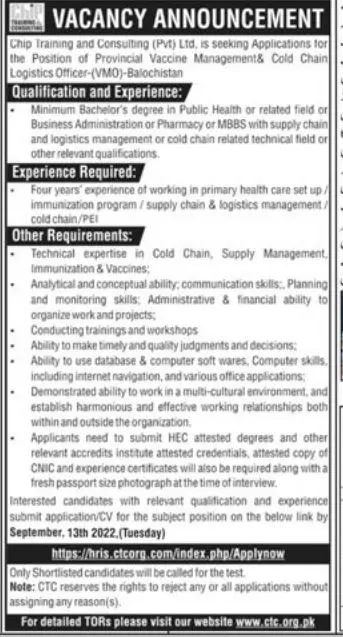 Chip Training & Consulting CTC Jobs 2022 – Chip Training Consulting Pvt Ltd Jobs 2022 — original advertisement