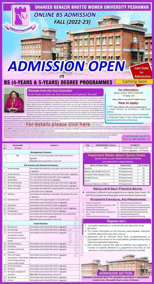 Admission in Shaheed Benazir Bhutto Women University – Shaheed Benazir Bhutto Women University Peshawar Admissions 2022 — original advertisement