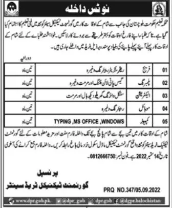 Admission in Technical Traning Center Quetta – Technical Training Center Quetta Admissions 2022 — original advertisement