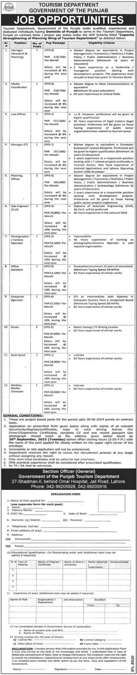 Tourism Department Punjab Jobs 2022 – Tourism Development Corporation of Punjab Jobs 2022 — original advertisement