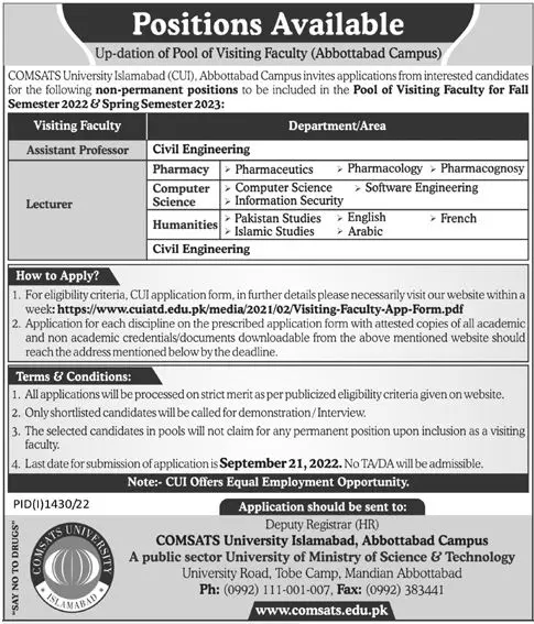 COMSATS University CUI Abbottabad Campus Jobs – COMSATS University Islamabad Jobs 2022 — original advertisement
