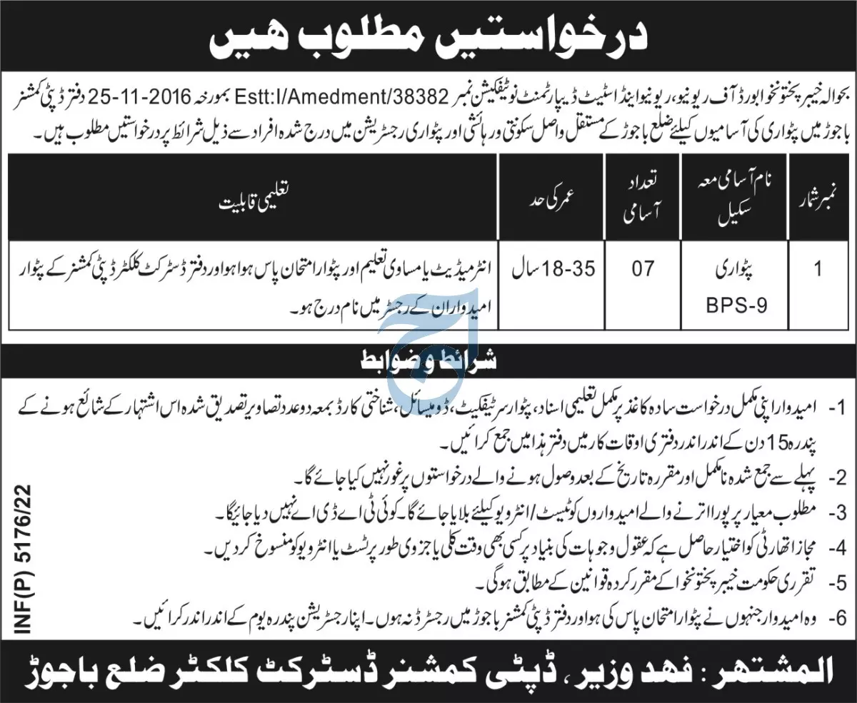 Revenue and Estate Department Khyber Pakhtunkhwa Jobs 2022 – Revenue Department KPK Jobs 2022 — original advertisement