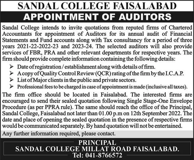 Sandal College Faisalabad Jobs 2022 Jobs 2022 — original advertisement