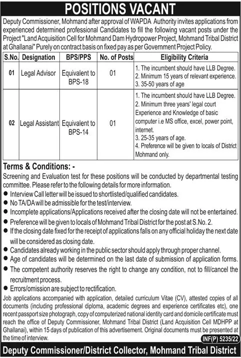 Jobs in Deputy Commissioner Mohmand Tribal District Jobs 2022 — original advertisement