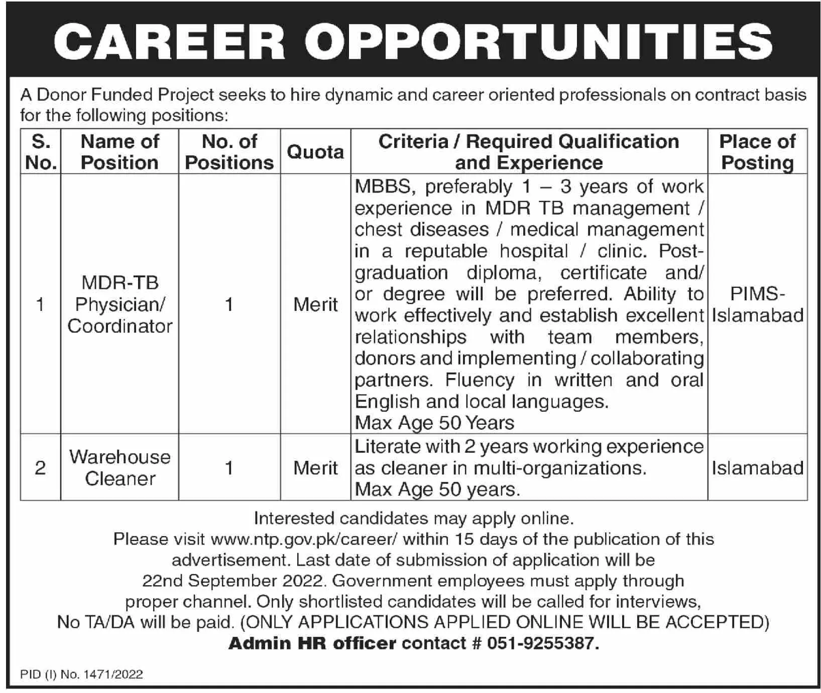 Jobs in Donor Funded Project Program Islamabad – Public Sector Organization Jobs 2022 — original advertisement