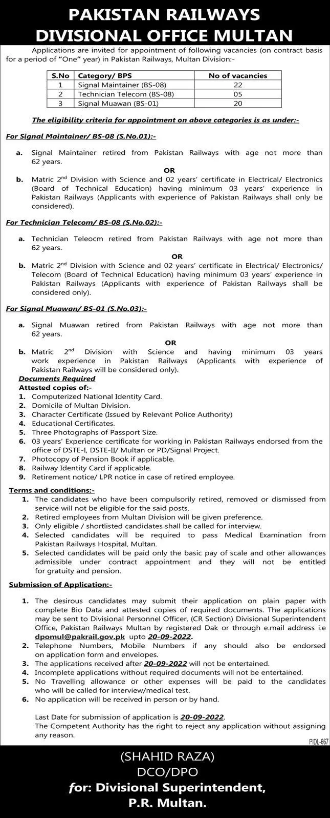 Pakistan Railways Divisional Office Multan Jobs – Ministry of Railways Islamabad Jobs 2022 — original advertisement