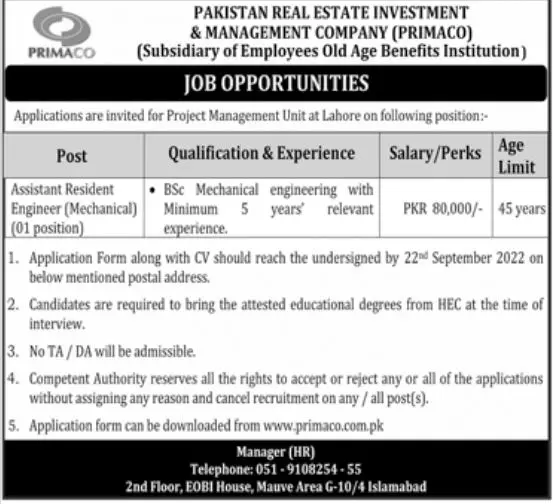Pakistan Real Estate Investment and Management Company Jobs – Pakistan Real Estate Investment and Management Company Pvt Ltd (PRIMACO) Jobs 2022 — original advertisement