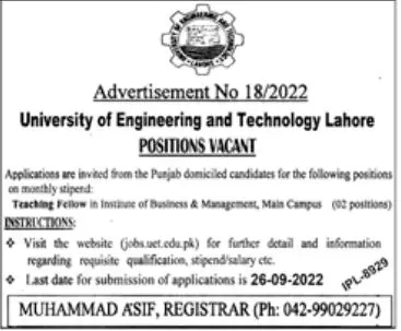 University of Engineering And Technology Lahore Jobs – University of Engineering  & Technology Lahore Jobs 2022 — original advertisement