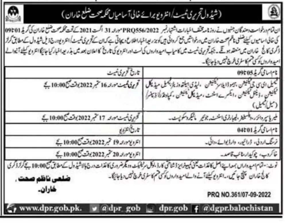 Test interview in Health Department Kharan 2022 – Health Department Balochsitan Jobs 2022 — original advertisement
