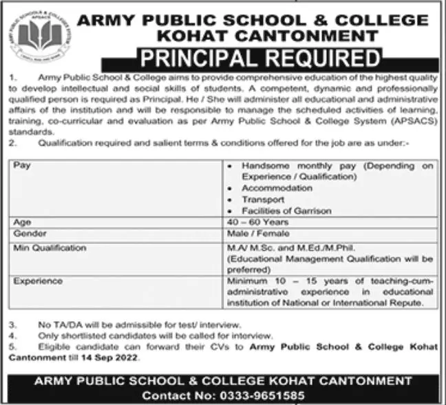 Army Public School & College Kohat Cantonment Jobs 2022 – Army Public School & College Paksitan Jobs 2022 — original advertisement