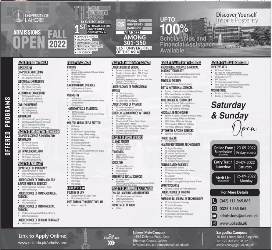 Admission in University of Lahore Admissions 2022 — original advertisement