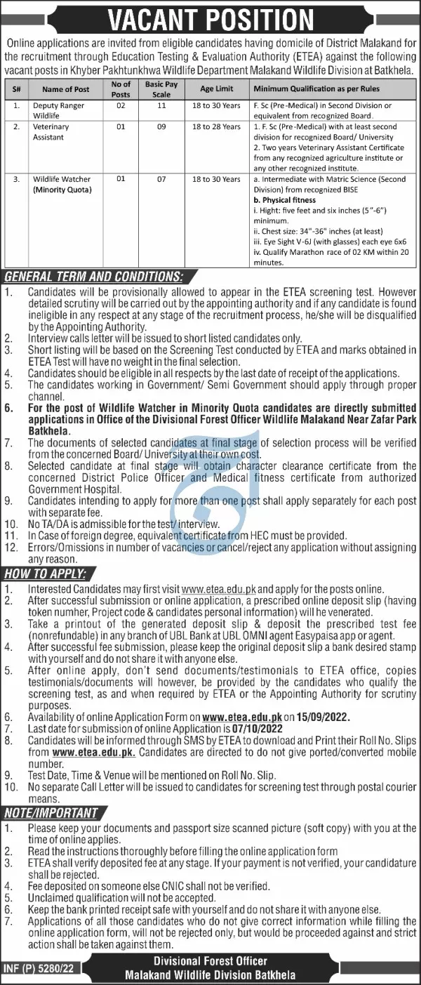 Wildlife Department Malakand Khyber Pakhtunkhwa Jobs 2022 – Forestry, Environment & WildLife Department KPK Jobs 2022 — original advertisement