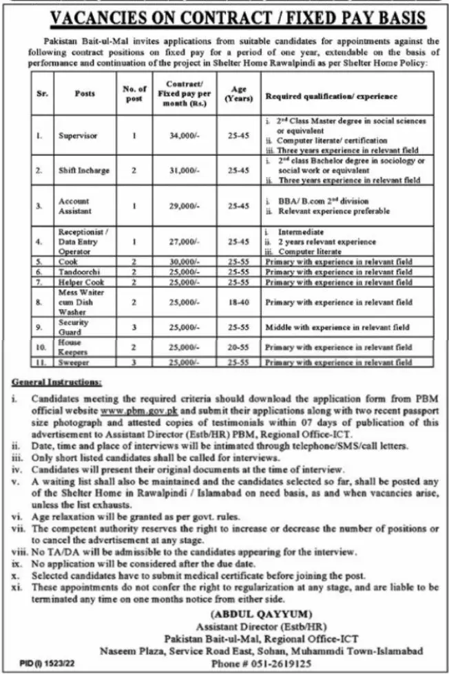Pakistan Bait-ul-Mal Rawalpindi Jobs Jobs 2022 — original advertisement