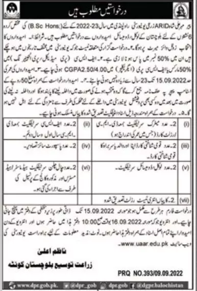 Pir Mehr Ali Shah Arid Agriculture University Admission – Pir Mehr Ali Shah Arid Agriculture University Rawalpinid Admissions 2022 — original advertisement