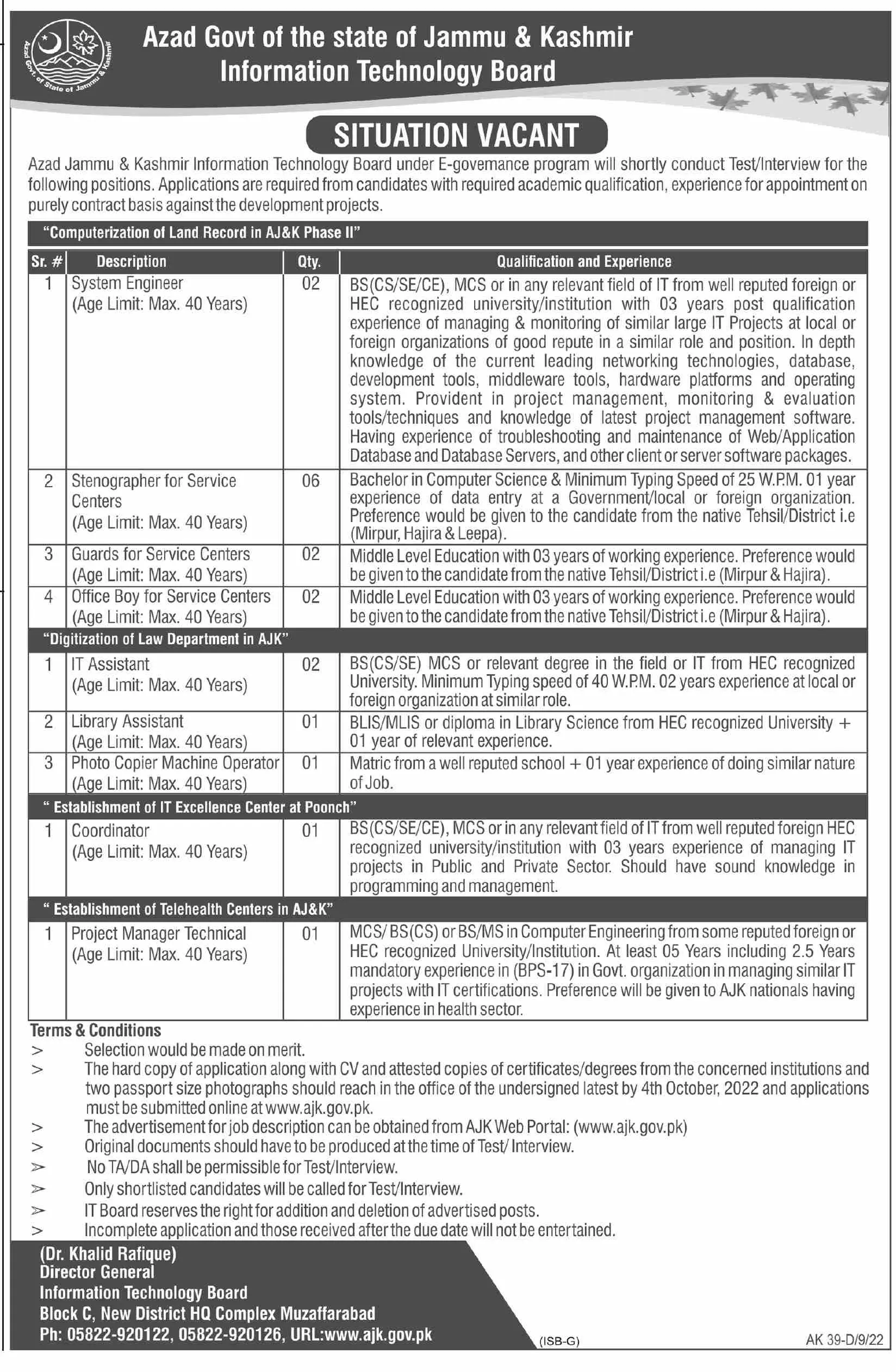 Information Technology IT Board AJK Jobs 2022 – Govt of Azad Kashmir Jobs 2022 — original advertisement