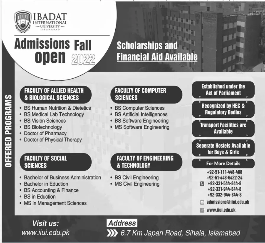 Admission in IBADAT International University Islamabad Admissions 2022 — original advertisement