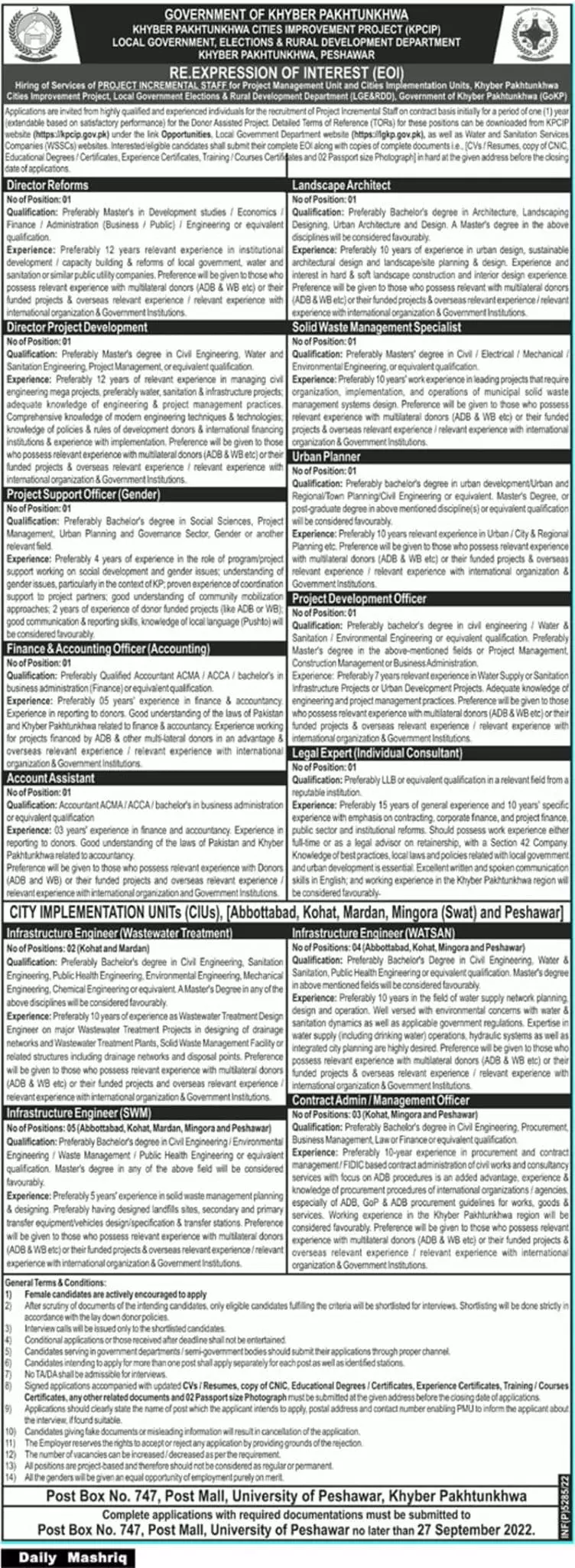 Local Government Khyber Pakhtunkhwa Jobs 2022 – Local Govt Department KPK Jobs 2022 — original advertisement