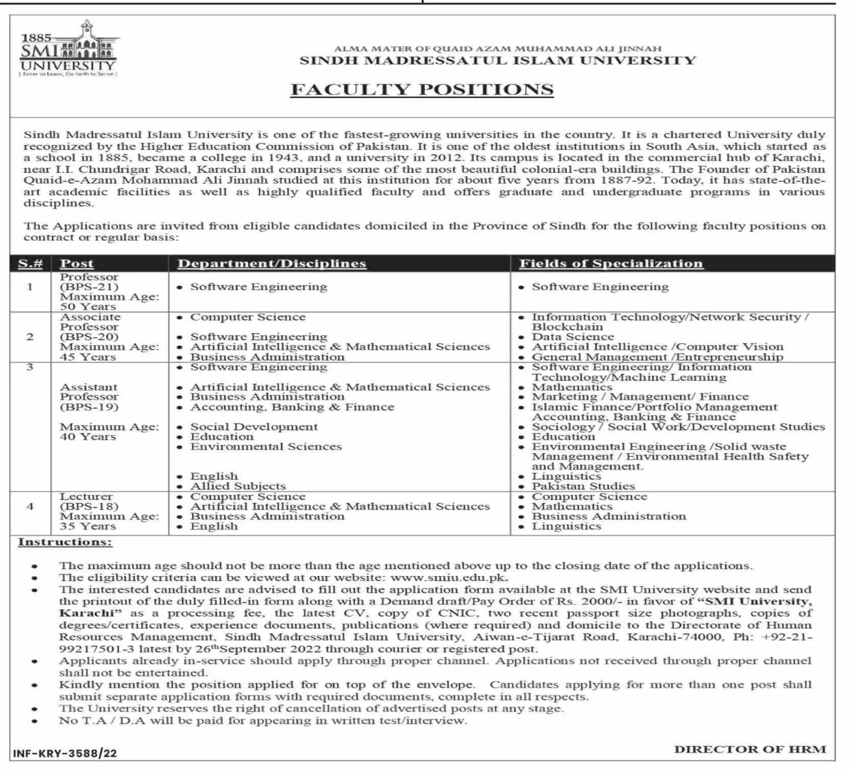 Sindh Madressatul Islam University Karachi Jobs 2022 Jobs 2022 — original advertisement