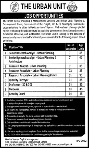 Urban sector Planning & Management Services Jobs 2022 – The Urban Unit Punjab Jobs 2022 — original advertisement