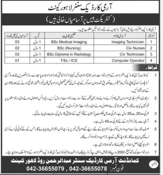 Army Cardiac Center Lahore Jobs 2022 – Pakistan Army Jobs 2022 — original advertisement