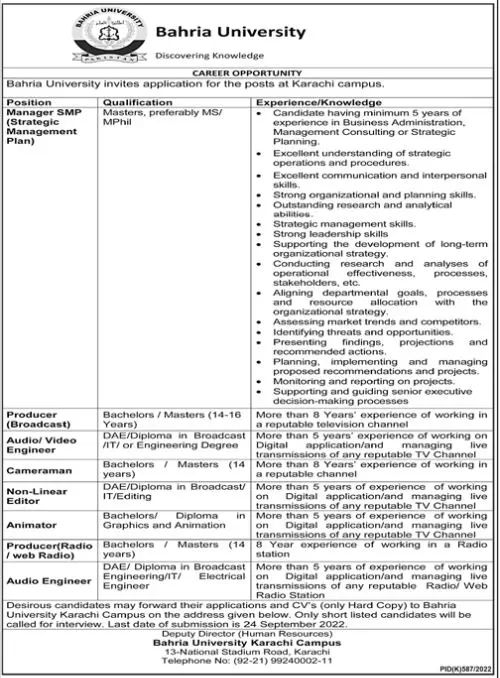 Jobs in Bahria University Karachi Campus Jobs 2022 — original advertisement