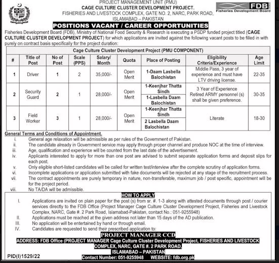 Fisheries Development Board ( FDB) Islamabad Jobs 2022 – Fisheries Development Board Islamabad Jobs 2022 — original advertisement