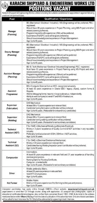 Karachi Shipyard & Engineering Works Limited Jobs 2022 Jobs 2022 — original advertisement