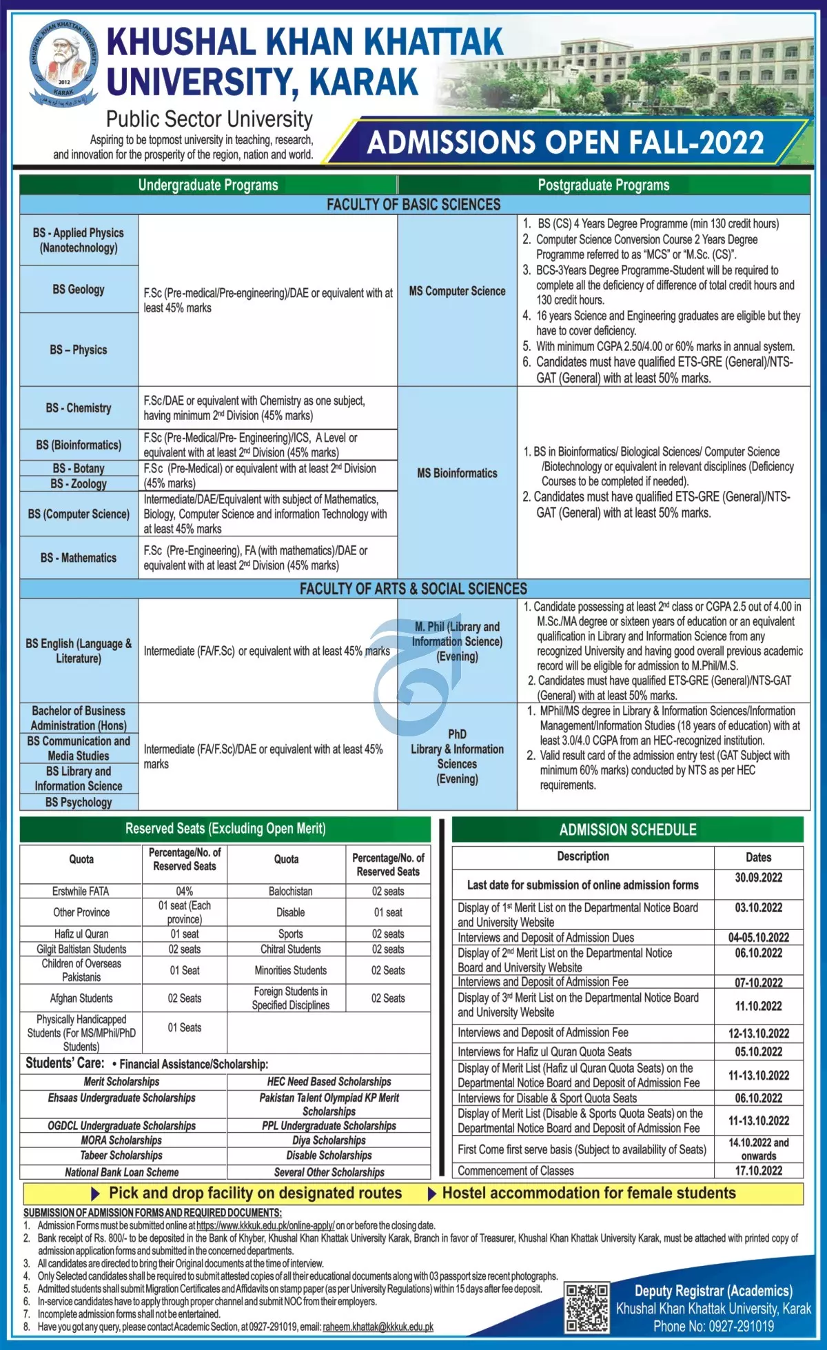 Admission in Khushal Khan Khattak University Karak Admissions 2022 — original advertisement