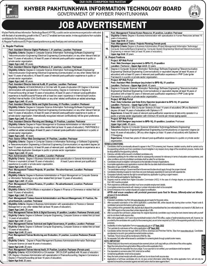 Khyber Pakhtunkhwa Information Technology Board Jobs 2022 – Khyber Pakhtunkhwa Information Technology Board (KPITB) Peshawar Jobs 2022 — original advertisement
