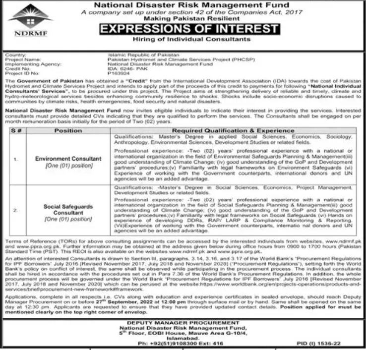 National Disaster Risk Management Fund Jobs 2022 – National Disaster & Risk Management Fund Jobs 2022 — original advertisement
