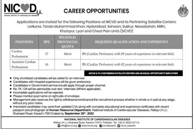 National Institute of Cardiovascular Diseases NICVD Jobs – National Institute of Cardiovascular Diseases (NICVD) Sindh Karachi Jobs 2022 — original advertisement