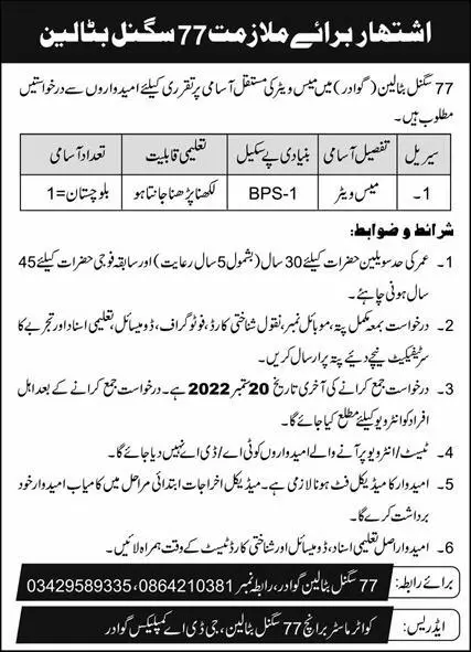 77 Signal Battalion Gwadar Jobs 2022 – Pakistan Army Jobs 2022 — original advertisement