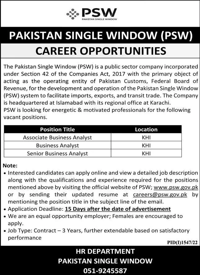 Pakistan Single Window PSW Jobs 2022 Jobs 2022 — original advertisement